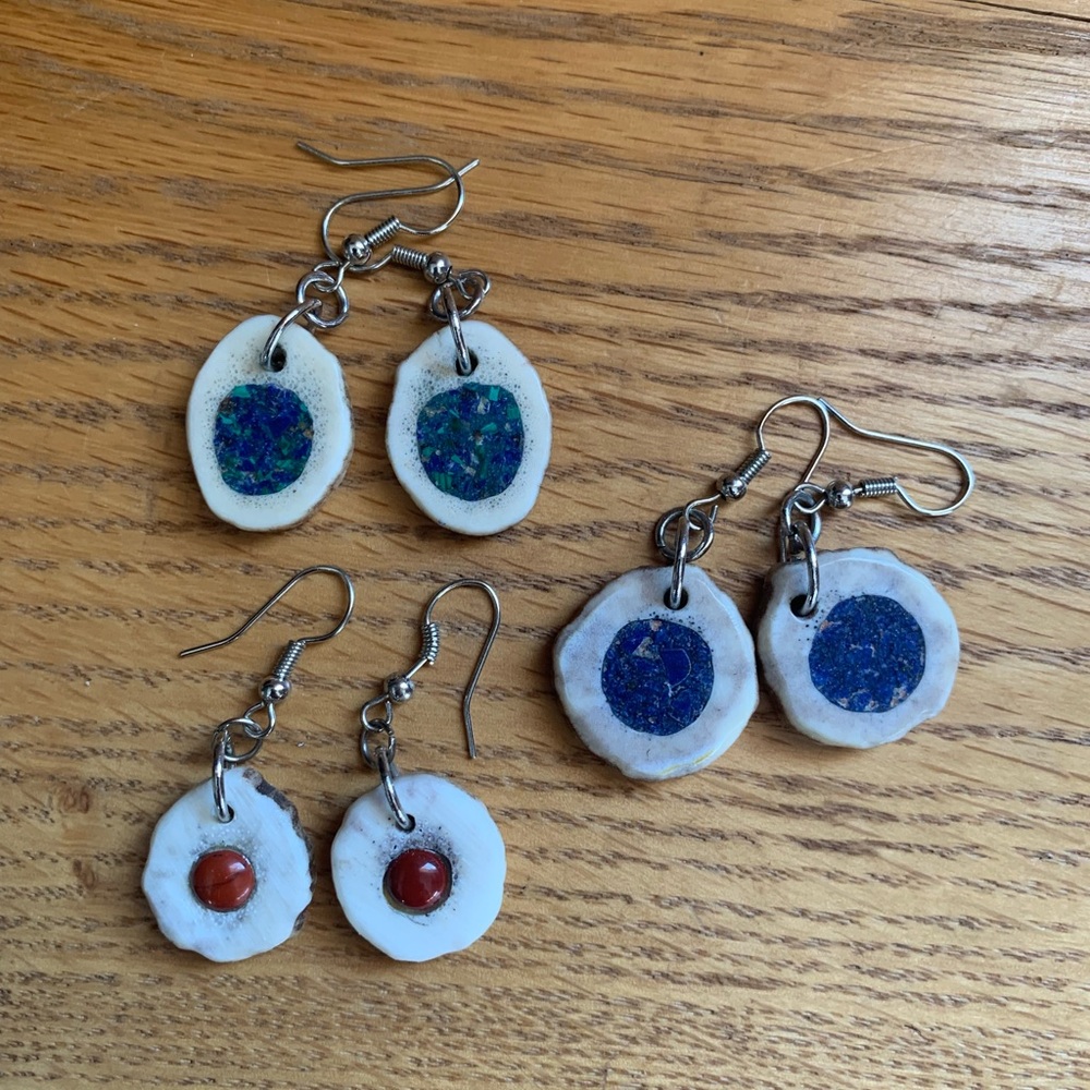 Lapis and coral antler earrings three pairs gemstones Handmade